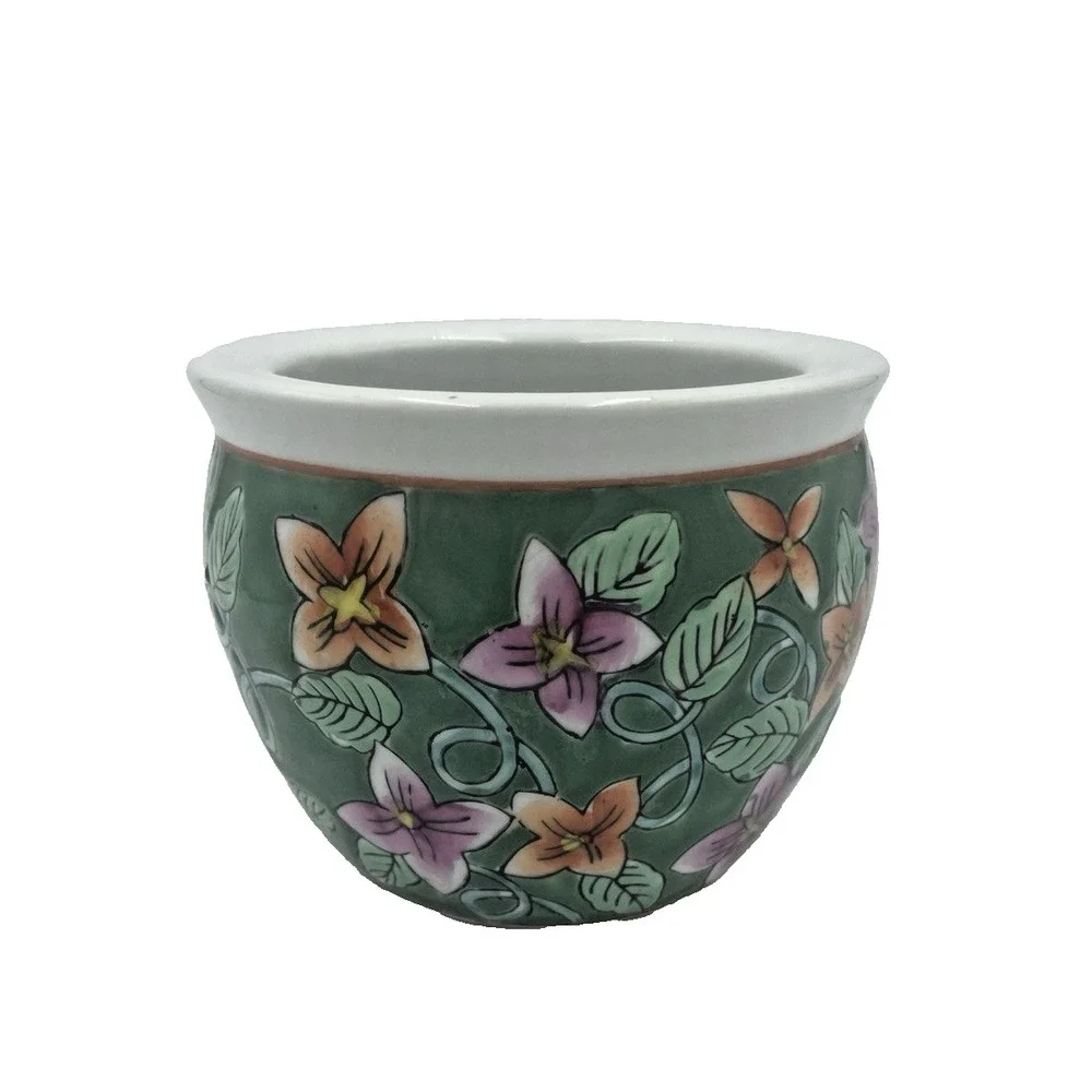 Vintage Small Chinese Jardiniere Planter Pot Floral Hand‎ Painted 3.5